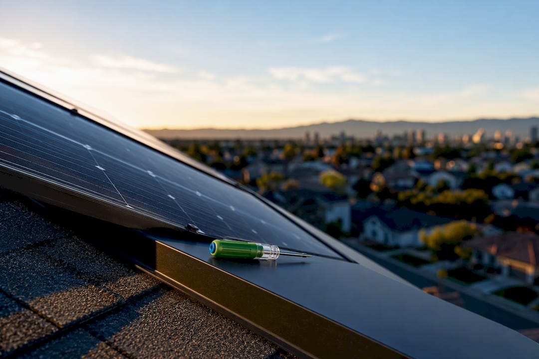 Cropped rooftop solar panels in sunrise light
