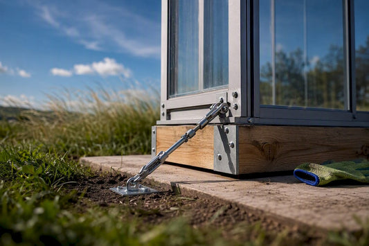 Greenhouse anchor securing frame to foundation