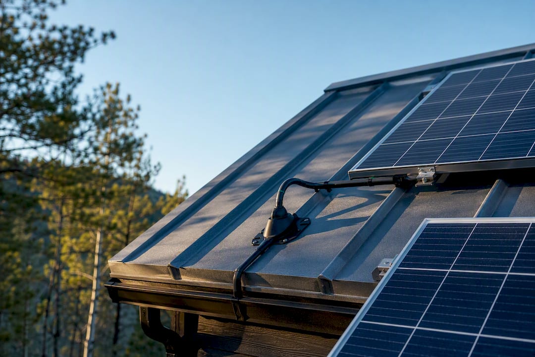 Cropped tiny-house roof with solar panels