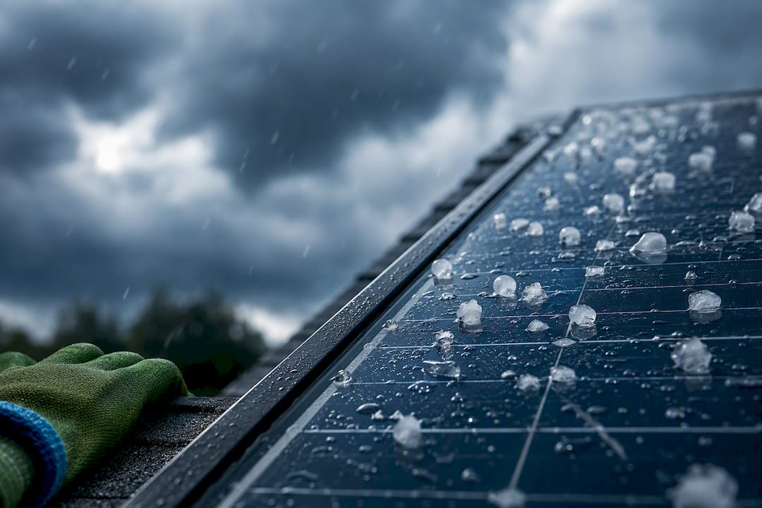 Hailstones striking a solar panel surface