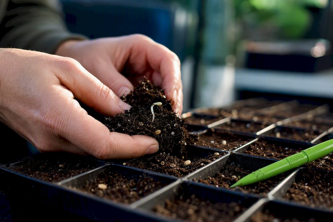Hands inspecting germinating seeds in soil