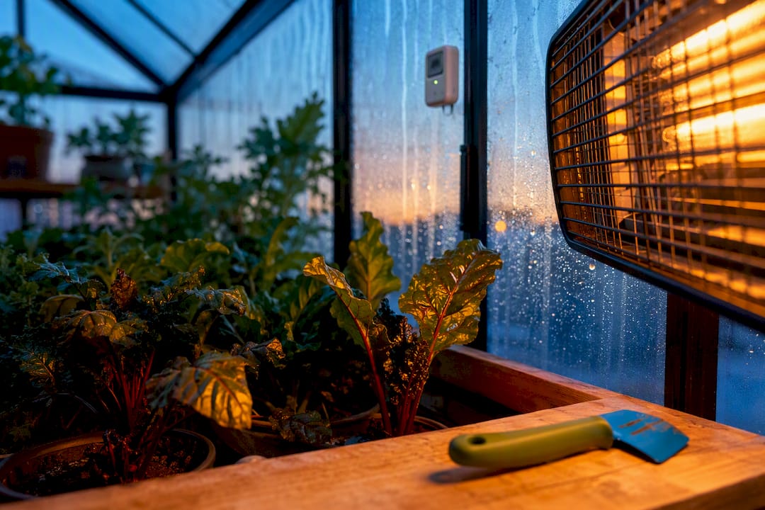 Greenhouse plants warmed before sunrise