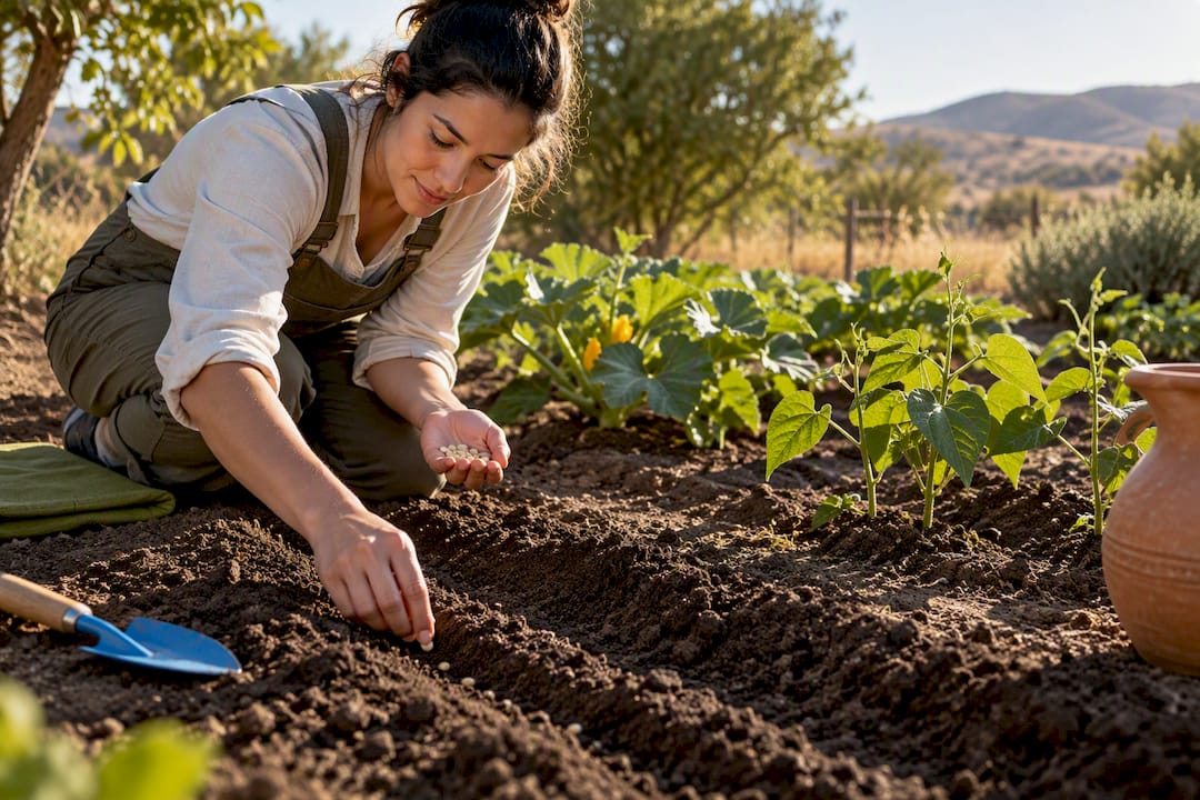 Gardener sowing seeds in dry-climate vegetable plot