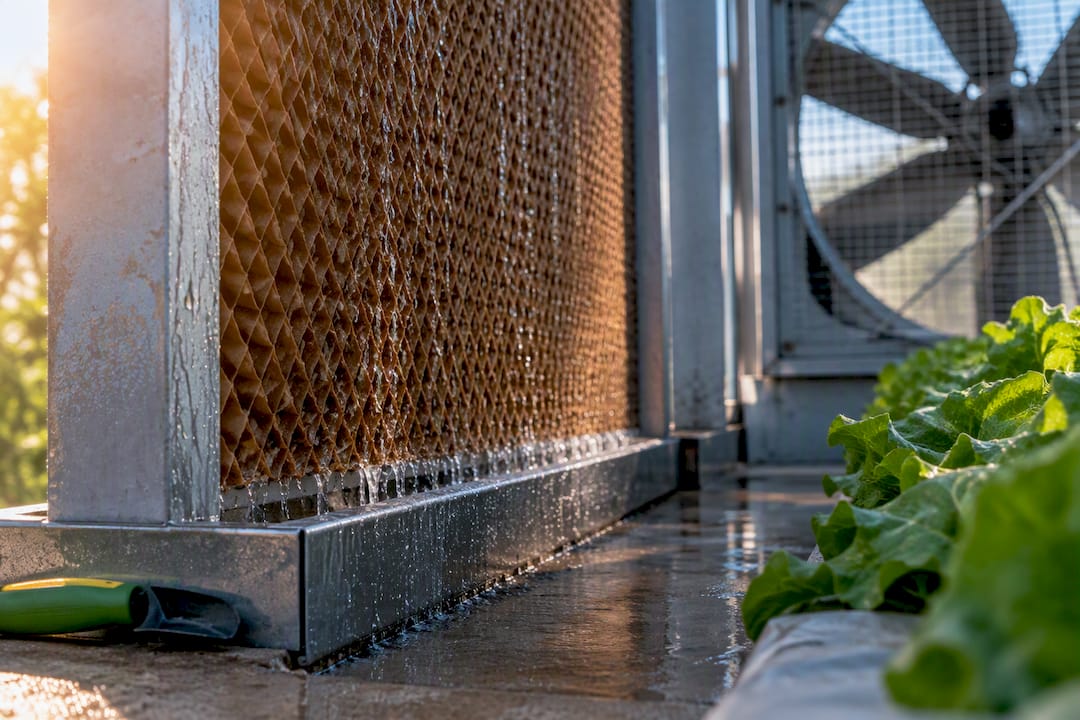 Evaporative pad and fan cooling greenhouse air