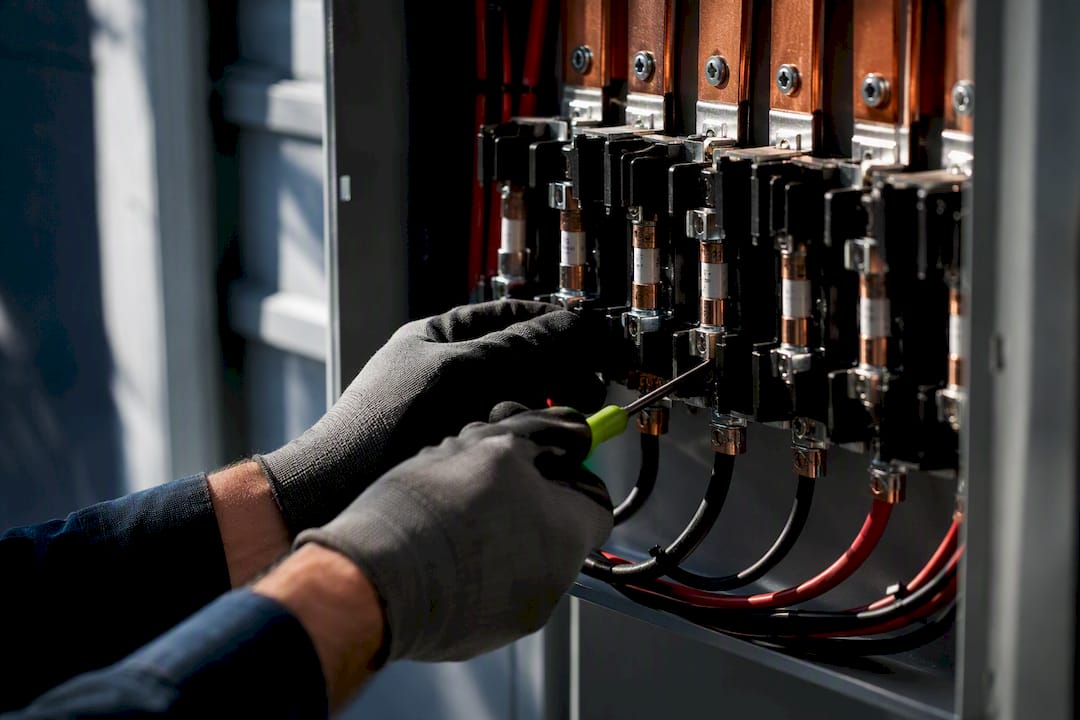 Installer inspecting solar combiner box internals