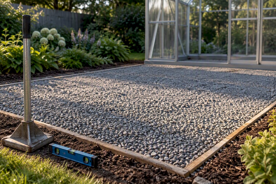 Compacted gravel pad beneath greenhouse frame