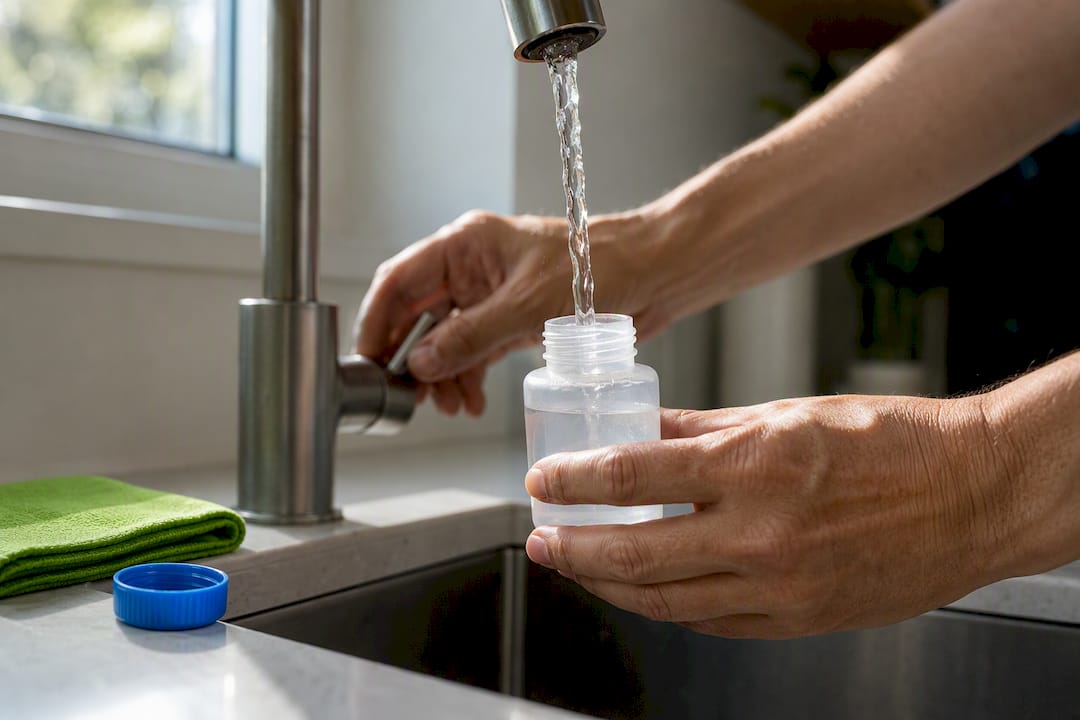 Hands collecting household water sample