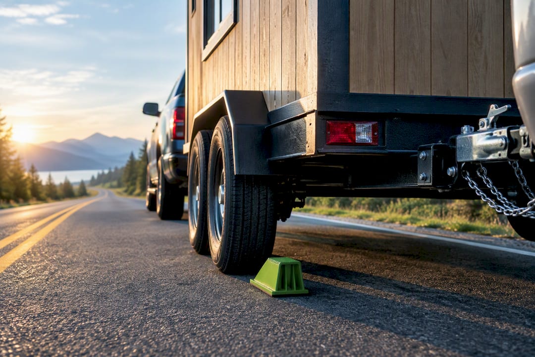 Tiny house trailer being towed on road