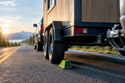 Tiny house trailer being towed on road