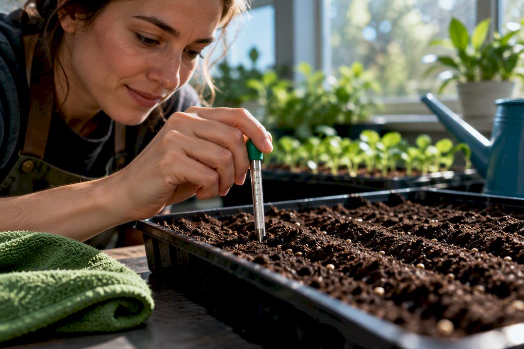Thermometer measuring seed-starting soil temperature