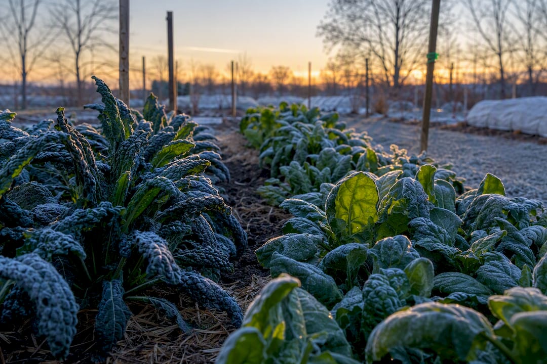 Frost-covered kale and spinach in winter garden
