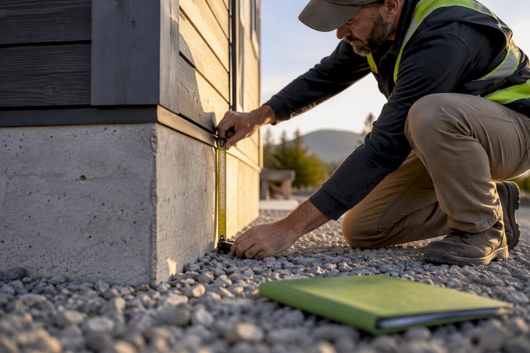 Inspector examining tiny house foundation