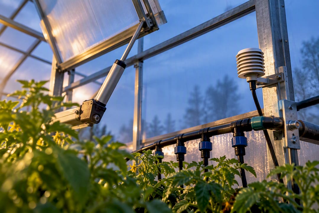 Greenhouse sensors and ventilation hardware at dusk