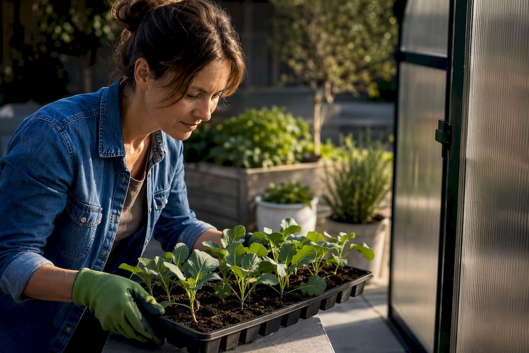 Gardener inspecting greenhouse vegetable transplants