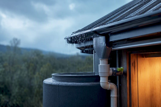 Rainwater flowing from tiny house gutter