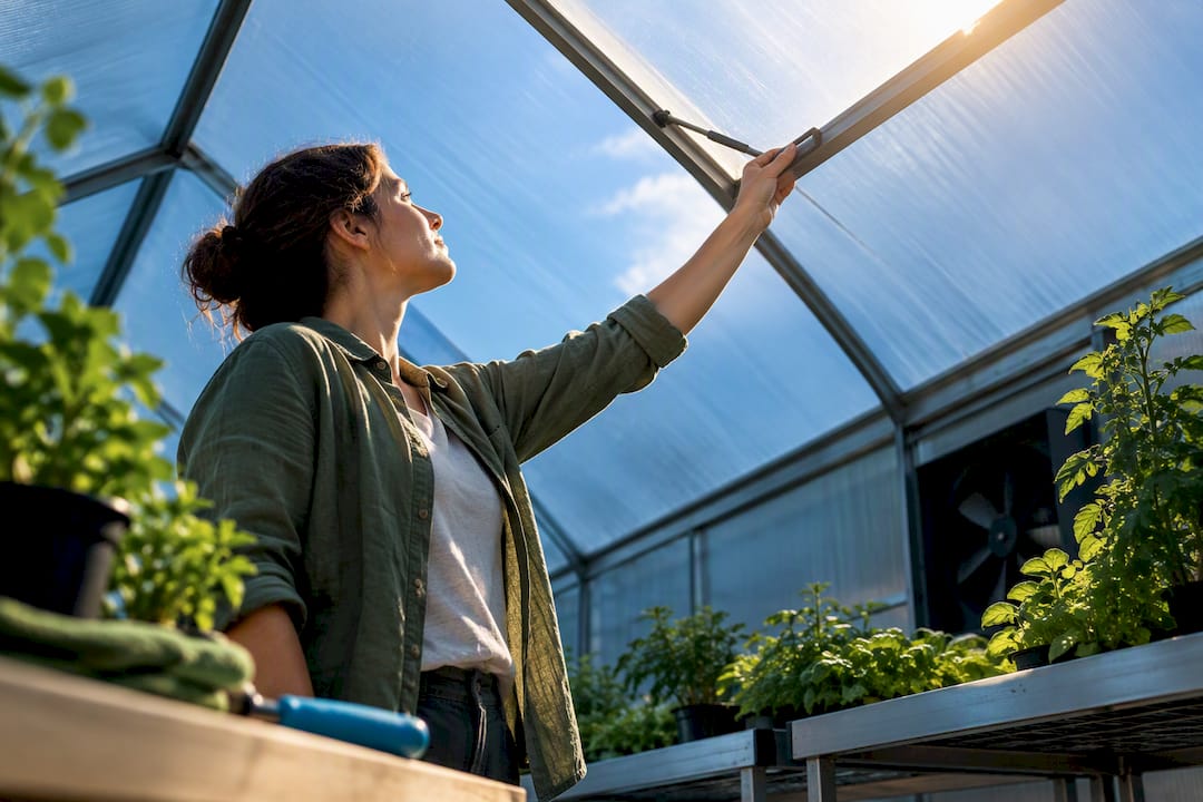 Grower opening greenhouse roof ventilation vent