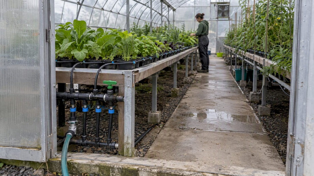 Greenhouse benches supplied by drip irrigation lines