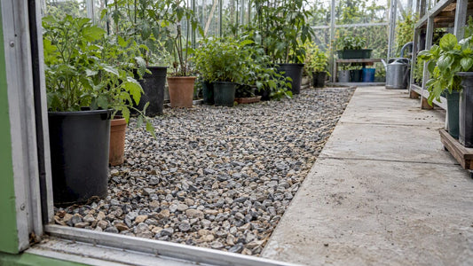 Gravel and concrete greenhouse floor beside plants