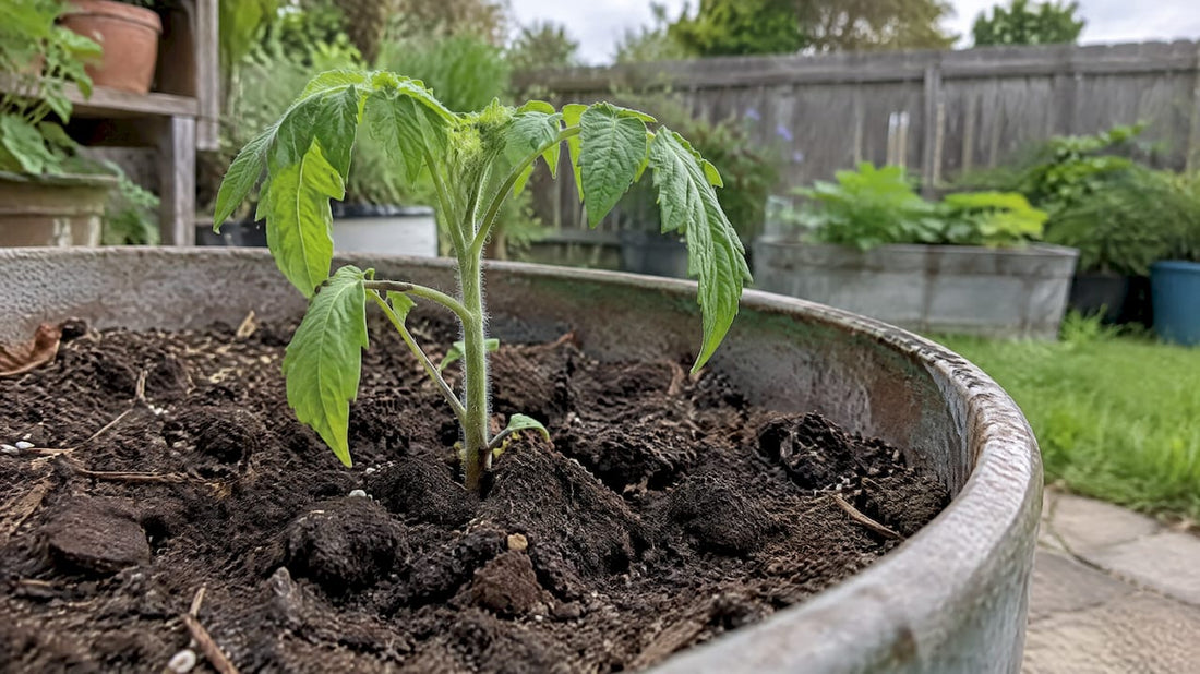 Recently transplanted seedling with slightly drooping leaves