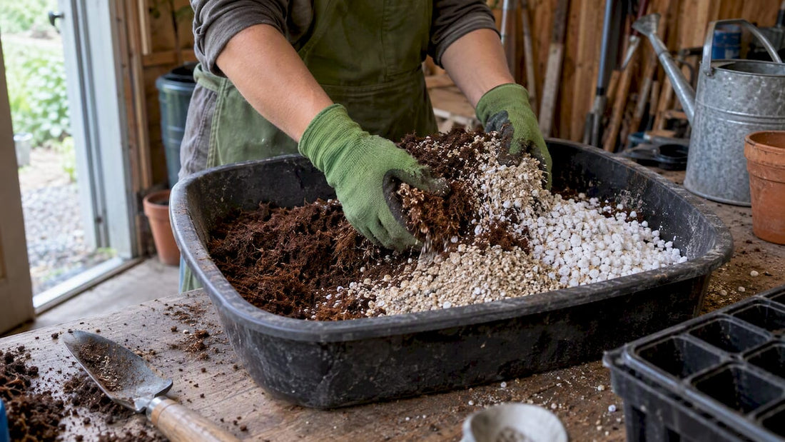 Hands mixing ingredients for seed starting mix