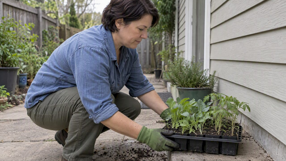 Gardener setting seedlings outside to acclimate