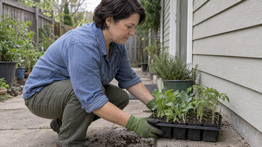 Gardener setting seedlings outside to acclimate