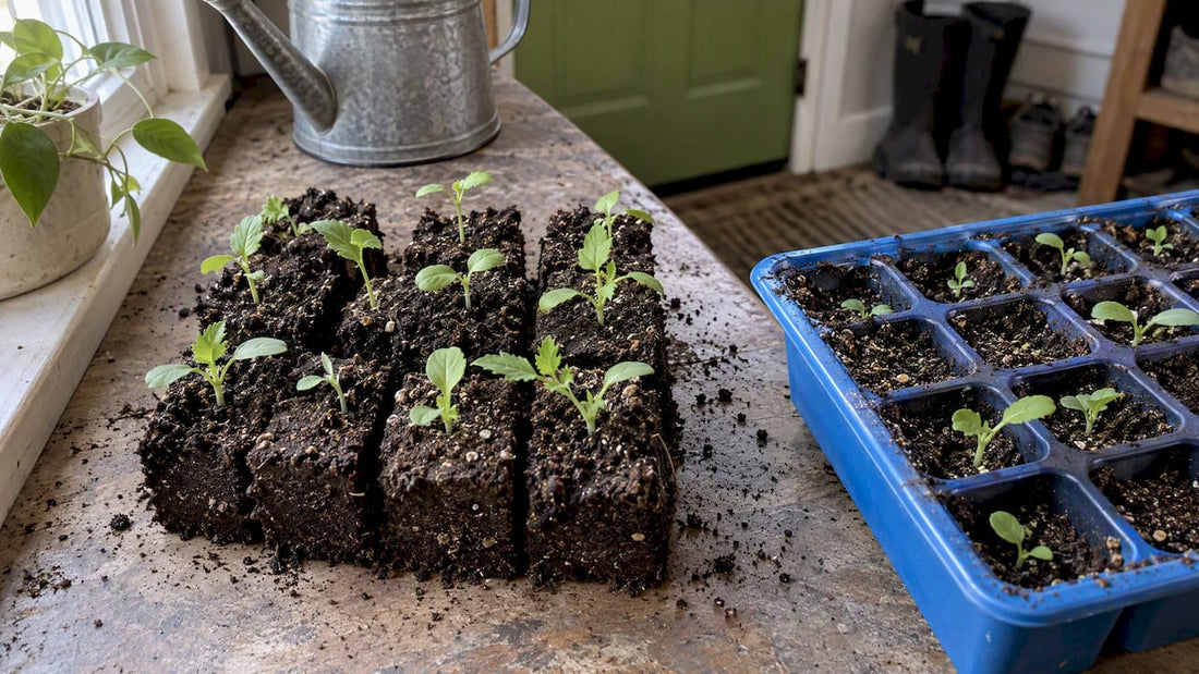 Soil blocks and seed tray on counter