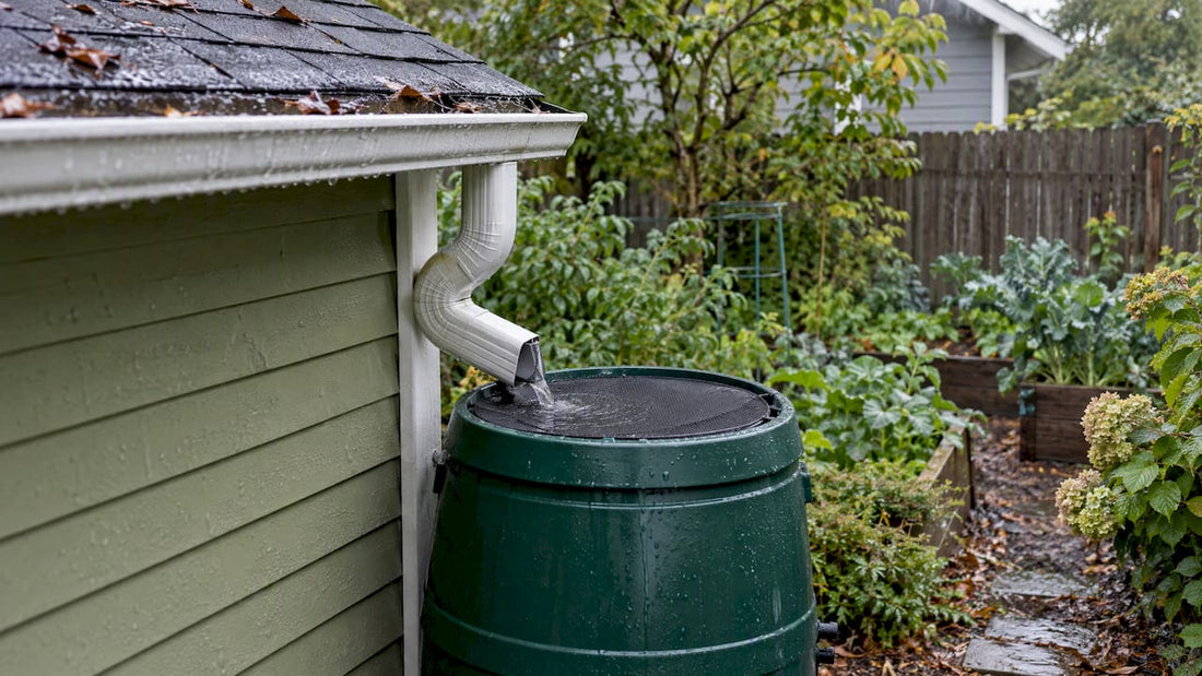 Green barrel collecting residential roof runoff