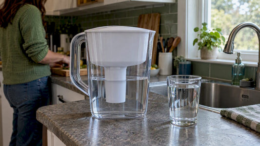 Water filter pitcher beside a drinking glass
