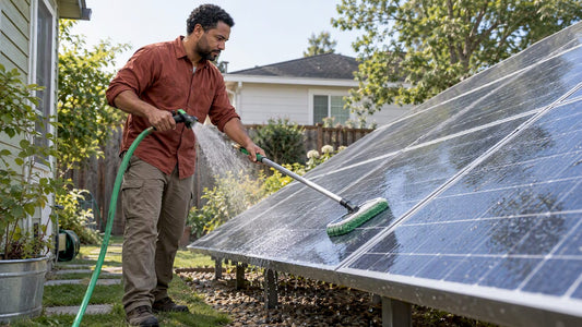 Homeowner rinsing residential solar panels