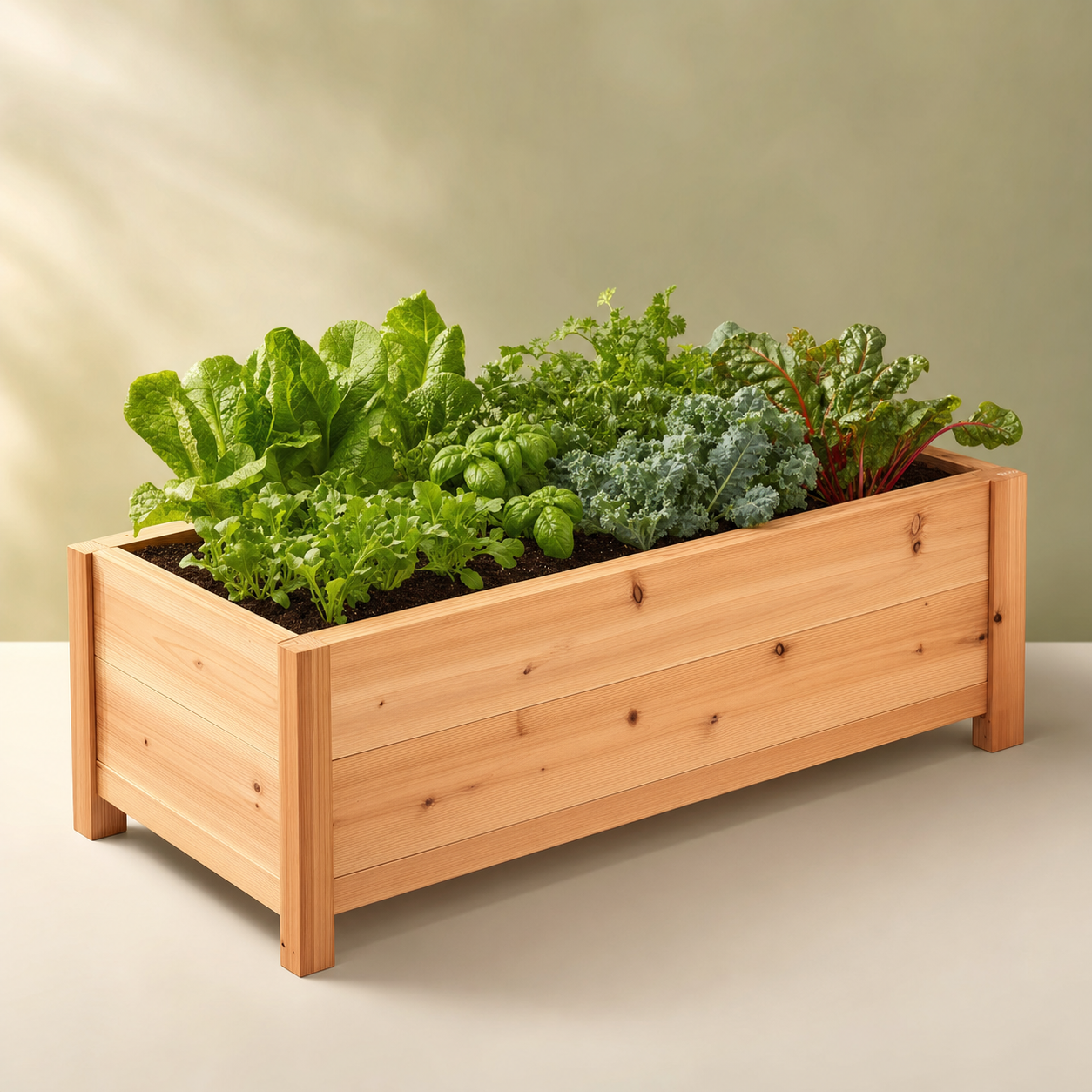 Cedar raised garden bed with vegetables