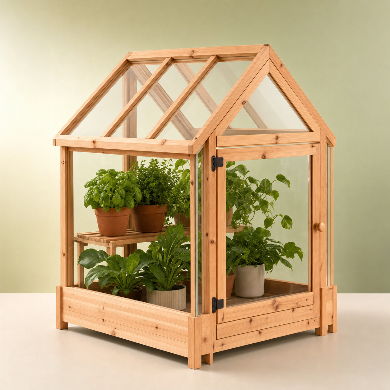 Small cedar-framed greenhouse with plants