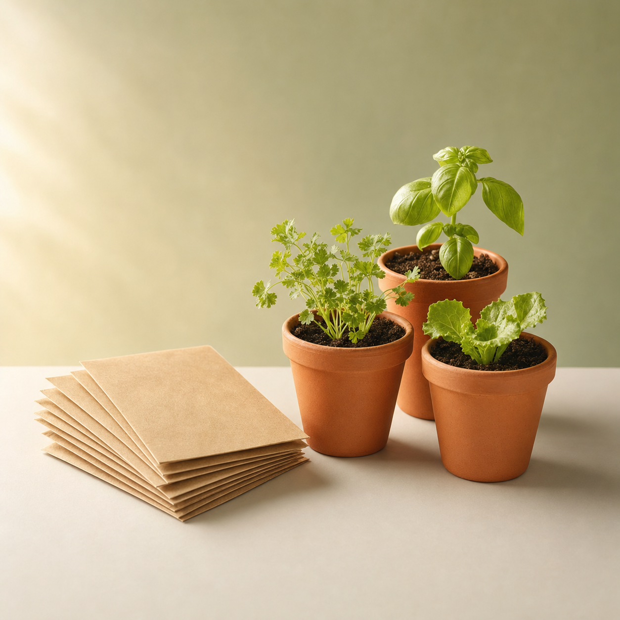 Seed packets with sprouting seedlings