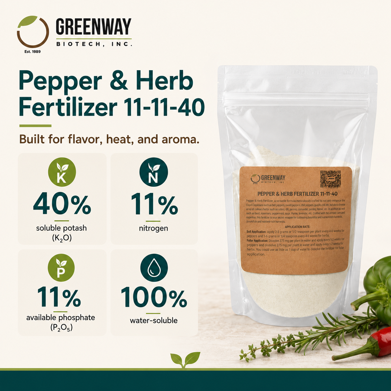 Pepper and Herb Fertilizer 11-11-40 | Chelated Micronutrients | Hydroponics, Soil & Foliar Application