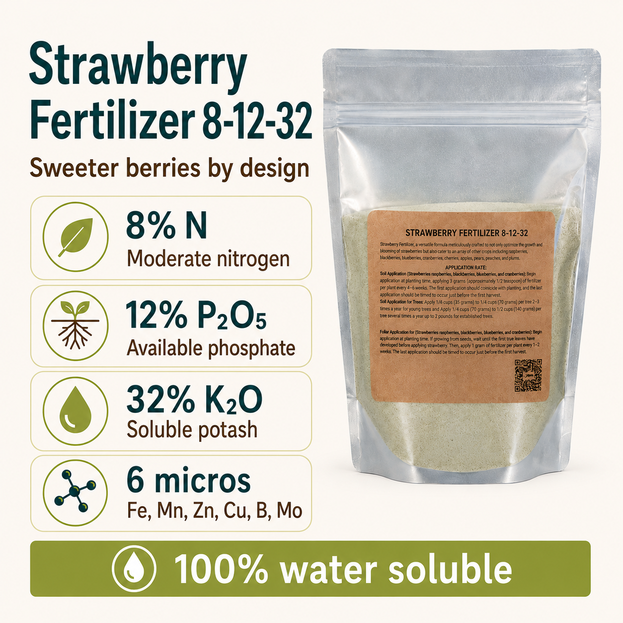 Strawberry Fertilizer 8-12-32 | Chelated Micronutrients | Hydroponics, Soil & Foliar Application